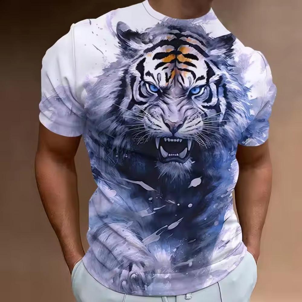 Streetwear Men's Casual T-shirt 3D Digital Printed Tiger Pattern Round Neck Short Sleeved Loose Summer Top Men's T-shirt