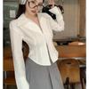 Elegant Women's White Irregular Zipper Shirt Long Sleeve Blouse Asymmetric Hem Slim Fit Short Casual Fashion Lapel Spring Autumn Tops