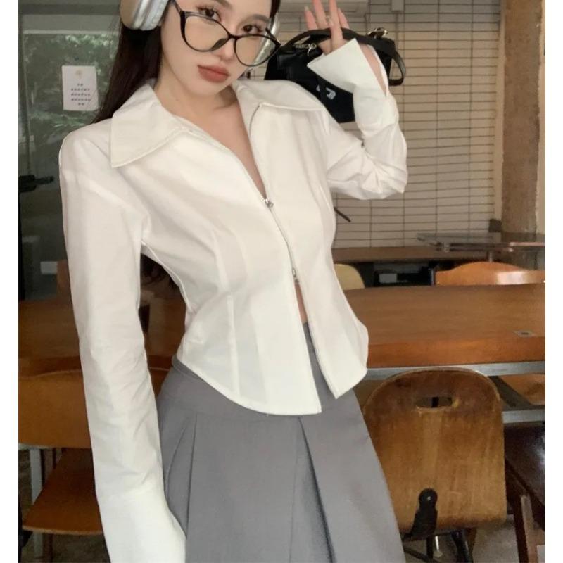 Elegant Women's White Irregular Zipper Shirt Long Sleeve Blouse Asymmetric Hem Slim Fit Short Casual Fashion Lapel Spring Autumn Tops