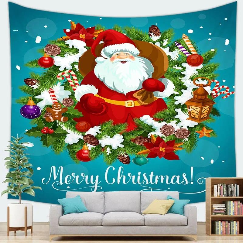 Cartoon Santa Claus Pattern Tapestry Home Bedroom Living Room Wall Decoration Christmas Theme Tapestry