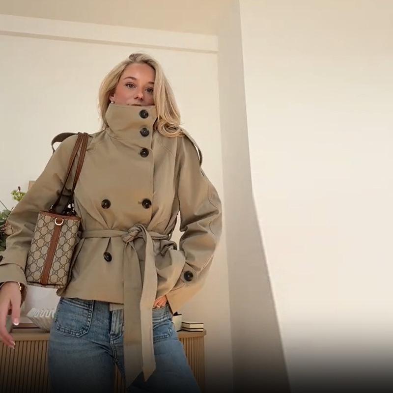 In Stock - New Elegant Khaki Autumn Trench Coat with Stand-Up Collar & Belted Waist
