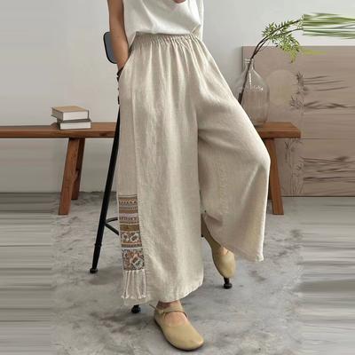 Summer Thin Women's Cotton and Linen Cropped Wide Leg Pants with Embroidered Artistic Retro Embroidery Ethnic Style Loose Casual Pants for Women