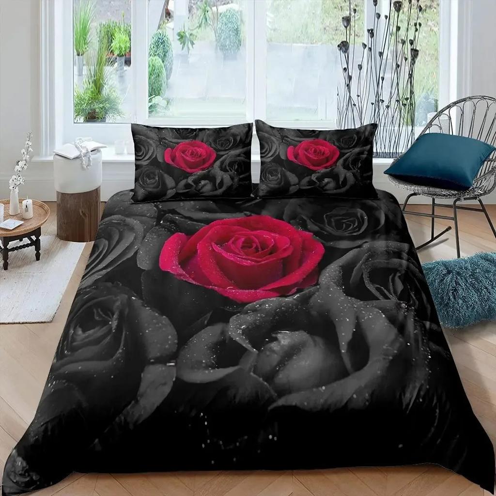 Rosen Bettbezug Set Rote Rose Floral Bettwäsche Sets Blume Schmetterling Bettdeckenbezug für Frauen Modern Fashion Marmor Steppdeckenbezug