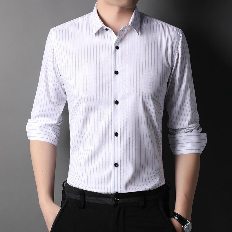 Men's Vertical Stripe Long Sleeve Shirt - Turn-Down Collar, Slim Fit, Iron-Free, Versatile Business Top for All Ages
