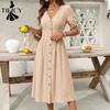 Damesmode Zomer Lente Effen Kleur Print Korte Mouw V-hals Hoge Taille Casual Jurken