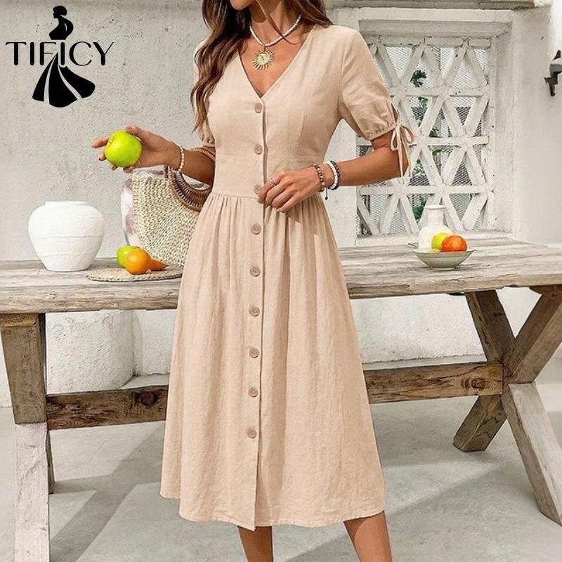 Abiti casual a vita alta con scollo a V a maniche corte con stampa tinta unita primavera estate moda donna