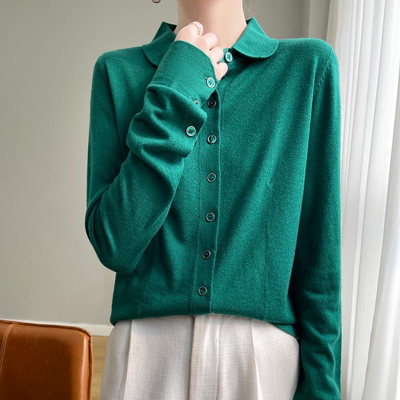 

2025 Early Autumn Merino Wool Polo Collar Knit Cardigan, Long Sleeve Solid Color, Loose Fit Versatile Shirt Medium (M)