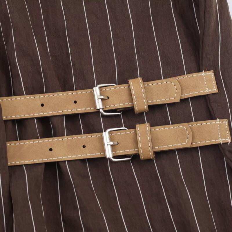 ZR Women's Striped Lapel Long Sleeve Shirt with Buckle Trim - European & American Style, Fashionable & Simple (7484051)