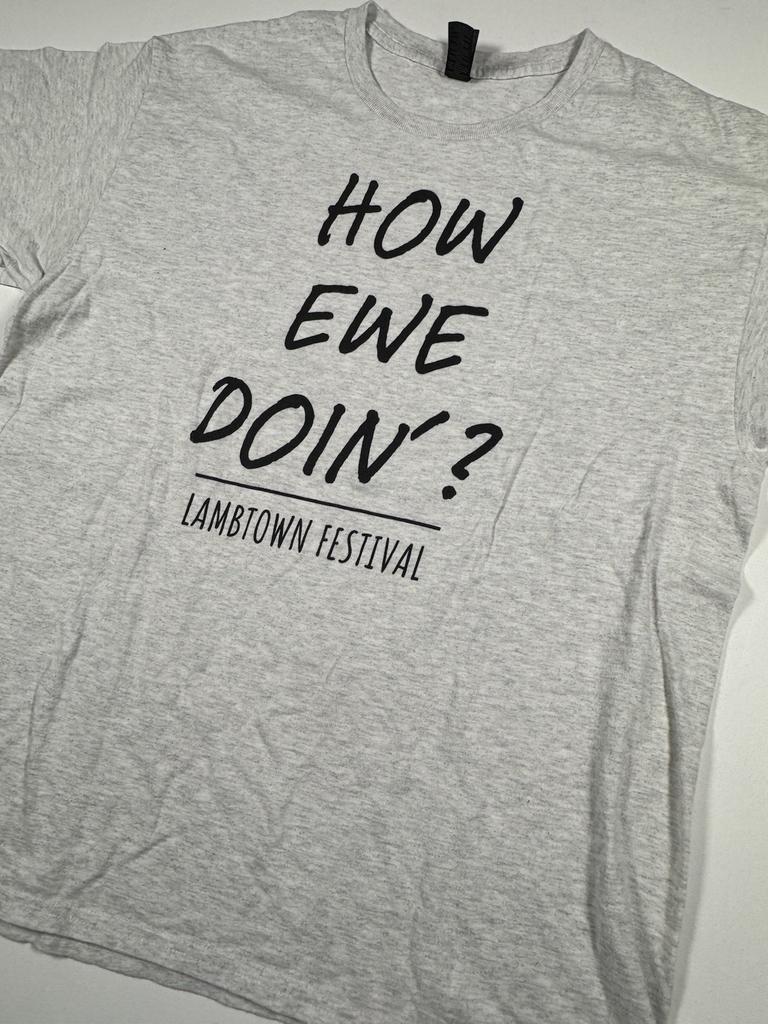 Lambtown Festival T-Shirt Large Gray “How Ewe Doin?” Graphic Tee Short Sleeve