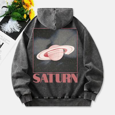 Saturn Washed Hoodies Damen Retro Planetenprints Baumwolle Streetwear Bequem Tasche Oversized Damenkleidung