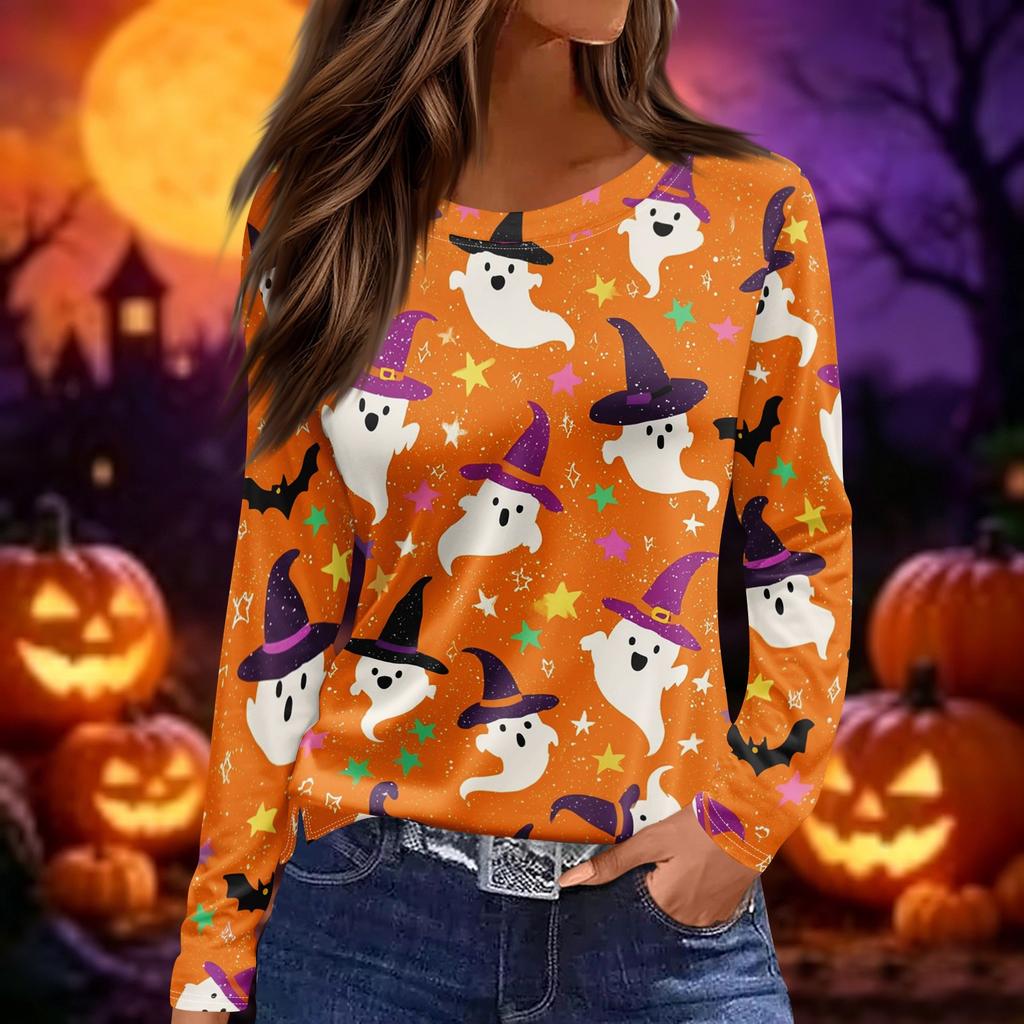 Women's Long Sleeve Halloween Print Top Round Neck Casual Pullover Shirt with Split Hem Lightweight Fabric for Seasonal Wear