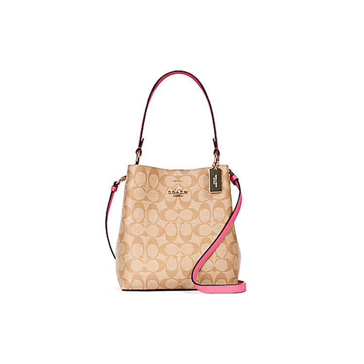 Coach Women's Light/Pink Town 21 Monogram Coated Canvas And Leather Tote Bucket Crossbody Bag Small Bags -Khaki Cherry-Blossom- 2312-Imsq1
