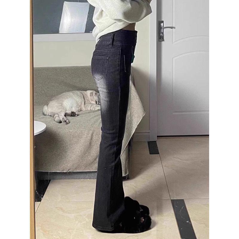 Smoke Grey High-Waisted Micro-Flare Jeans for Curvy Figures – Plus Size, Bootcut, Hip-Covering, Women's Spring/Autumn New Arrival.