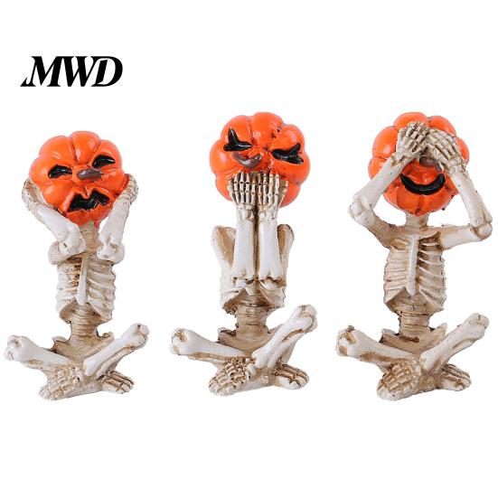 Halloween Skull Figurine 3 Pcs Skeleton Statue, Hear See Speak No Evil Pumpkin Head Gothic Home Decoration Figurine, Resin Spooky Ornament for Mantel,
