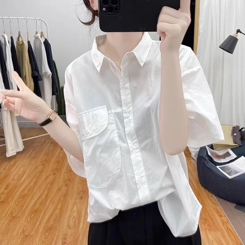 

Women Summer Short Sleeve Pocket Shirt Light Blue Casual Button Down Blouse M білий