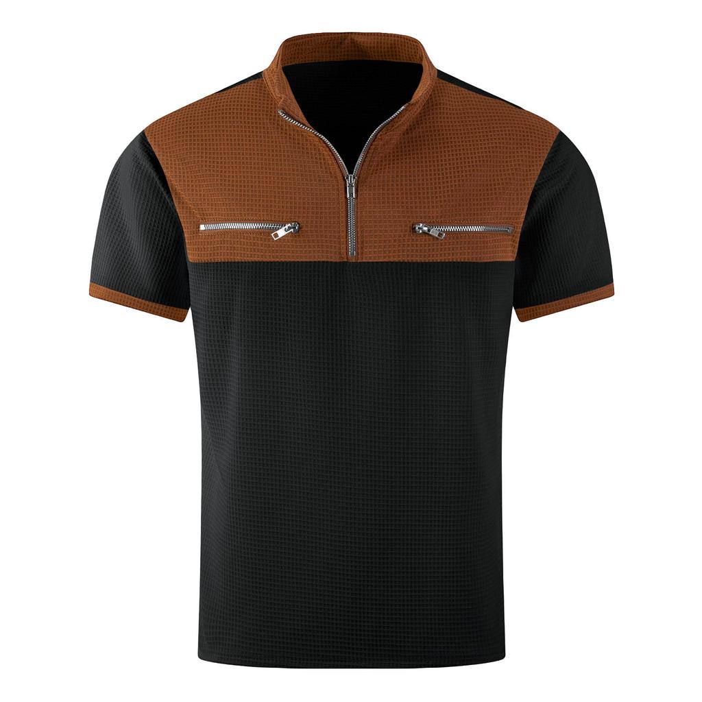 Men's Color Blocked Stand Up Collar 1/4 Zip Up Shirt  Men's Casual And Comfortable Short Sleeved Shirt