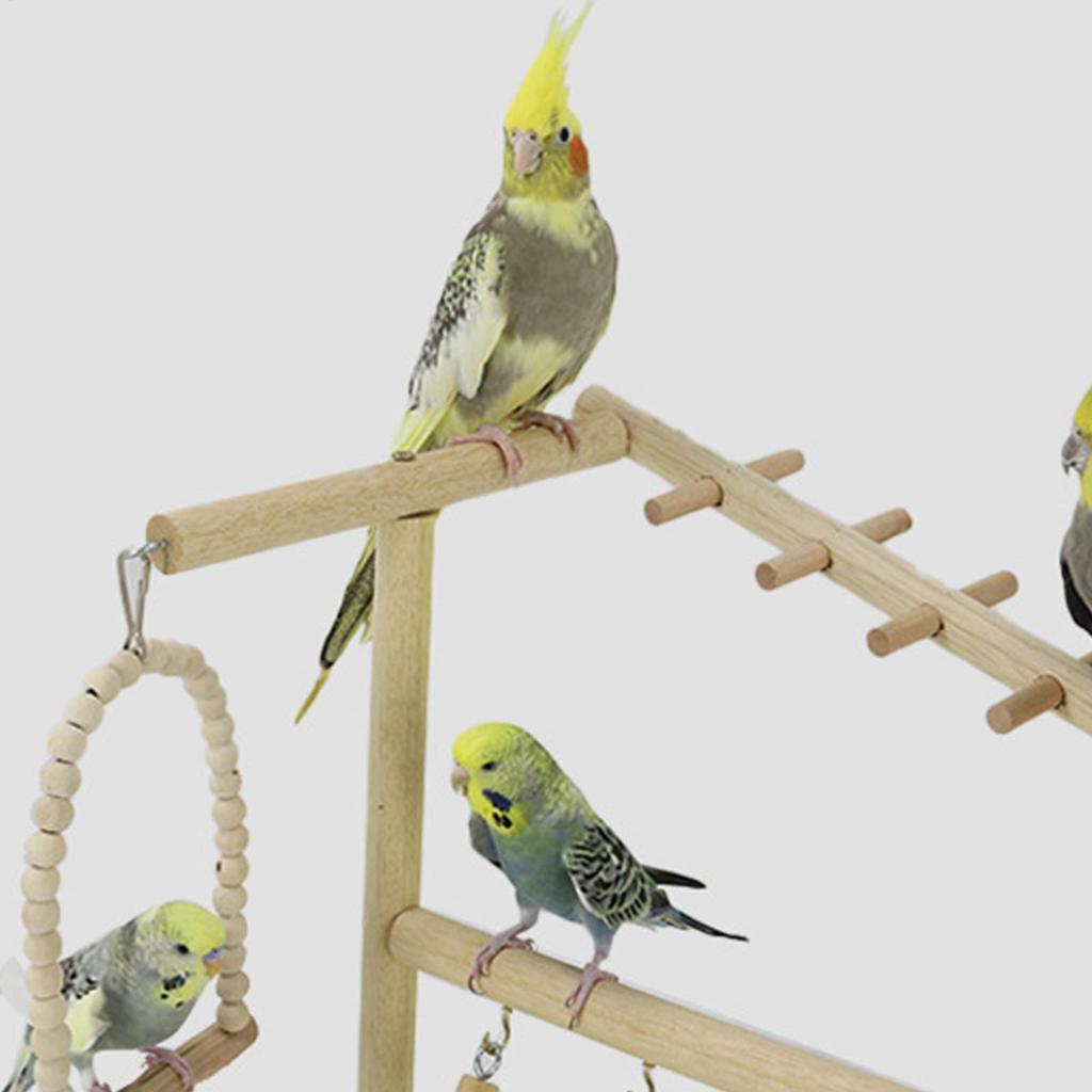 Bird Perch Stand Wooden Swings Ladders Toys With Removable Stainless Tray And Cup Parakeet Playground For Standing Chewing