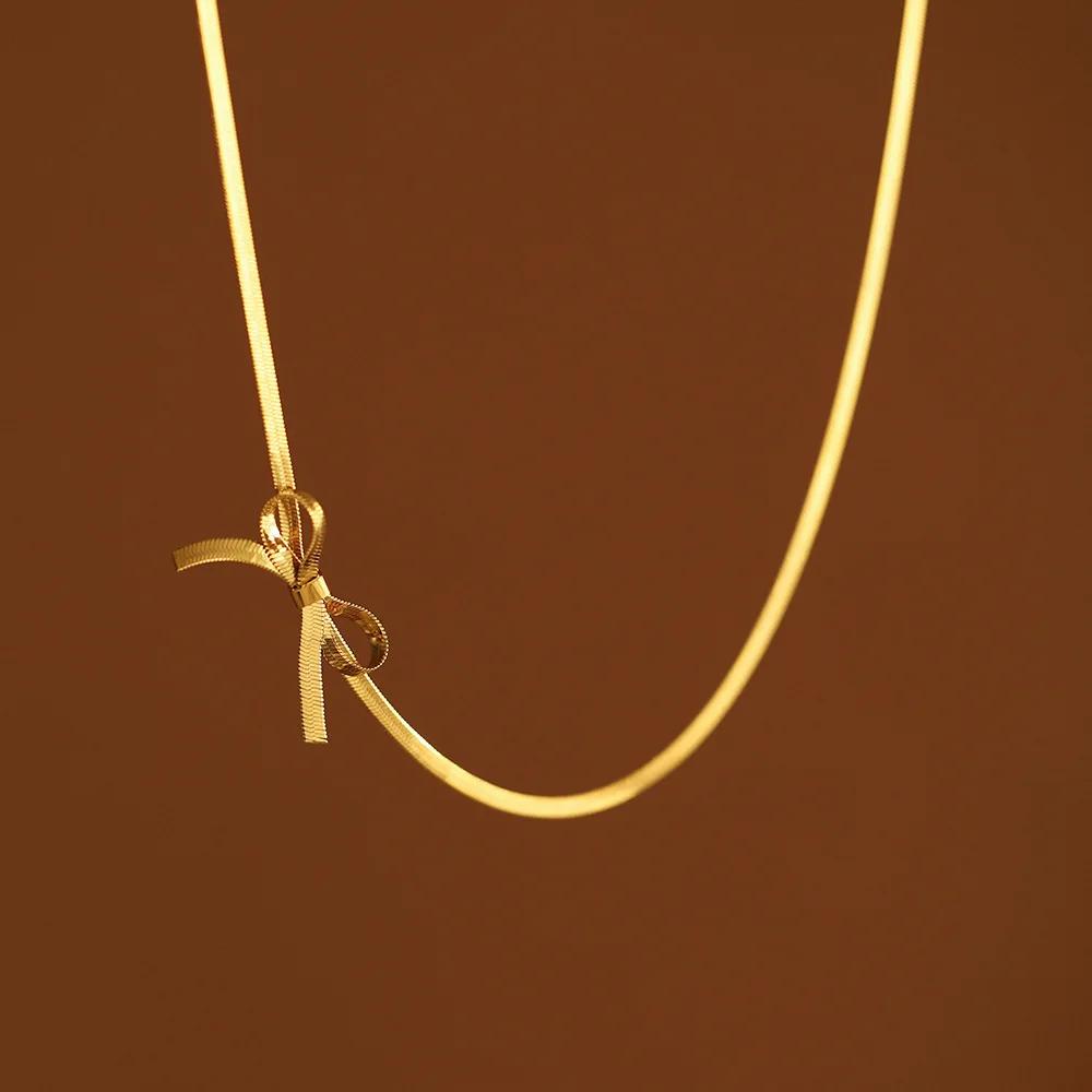 1PC Minimalist Knot Bow Choker Necklace for Women 18k Gold Plated Stainless Steel Tiny Snake Chain Necklaces Wedding Jewelry Gift