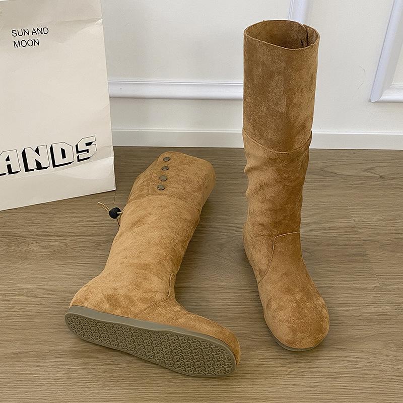 2025 New Spring and Autumn Small Long Tube Pleated Thin Knight Boots Suede Thick Heel Long Tube Two Wear Fashion Boots Women