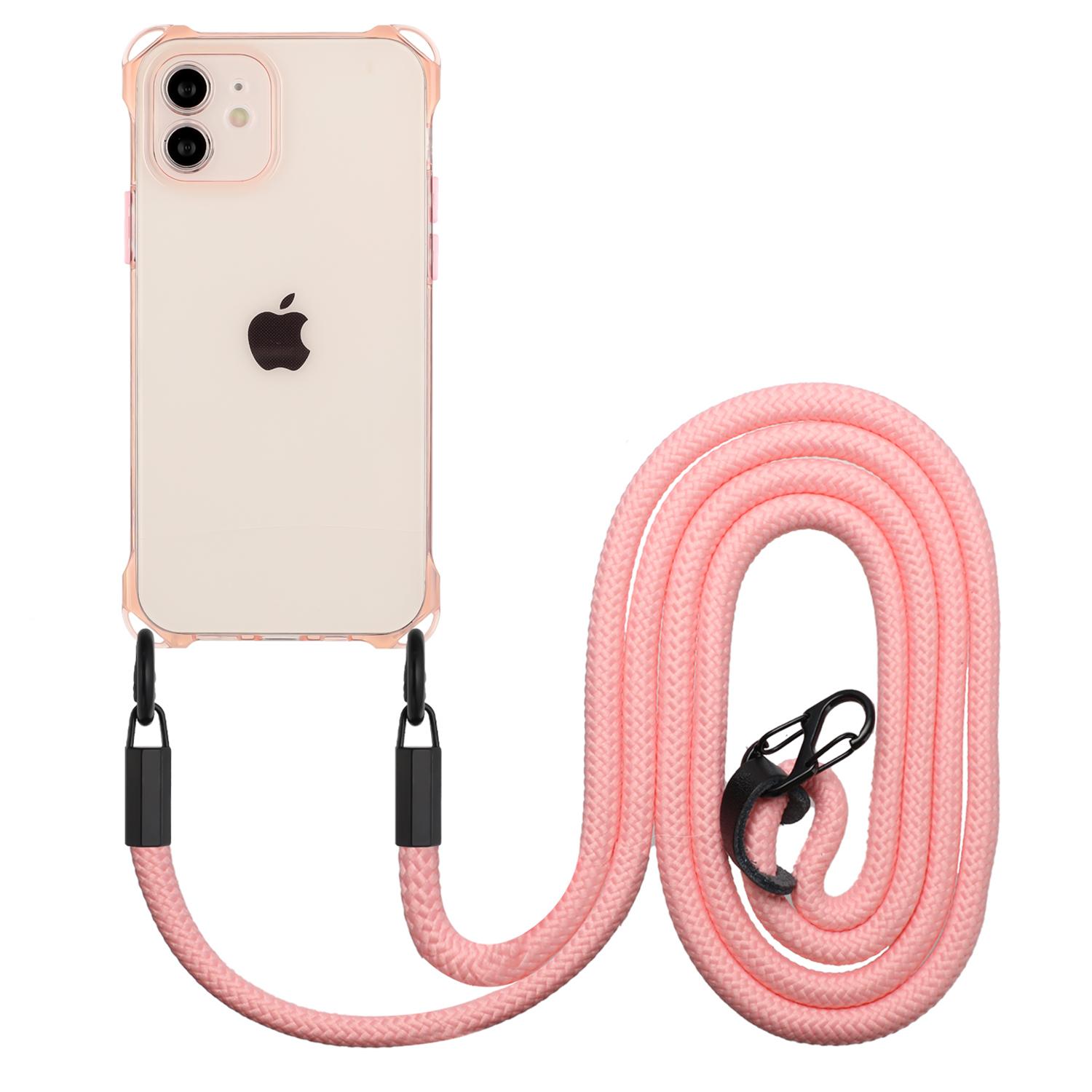 

For iPhone 12 Case Protective Shockproof TPU Phone Cover with Rope Pink