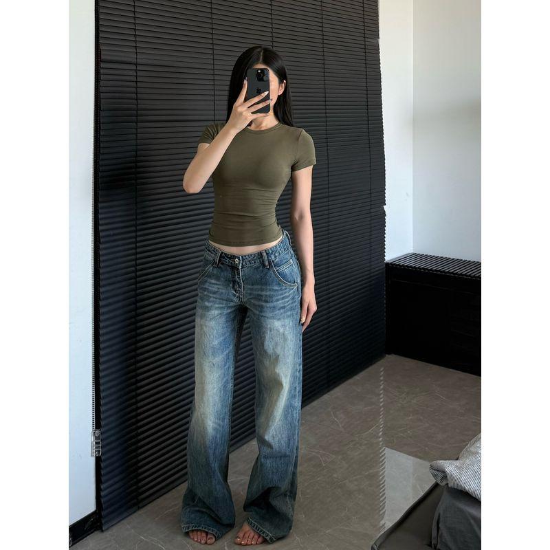 

[Waist Hugging] Western Style Hourglass Waist Short sleeve Women Tight Basic Solid T-shirt Kardashian Sports Top The card size is large. Black