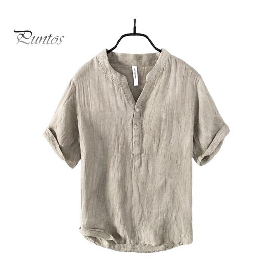 

Мужская летняя рубашка с V-образным вырезом и воротником-стойкой с короткими рукавами Vinatge, сплошной цвет, свободный простой стиль, пуловер средней длины, офисная повседневная одежда, топ 3XL хаки