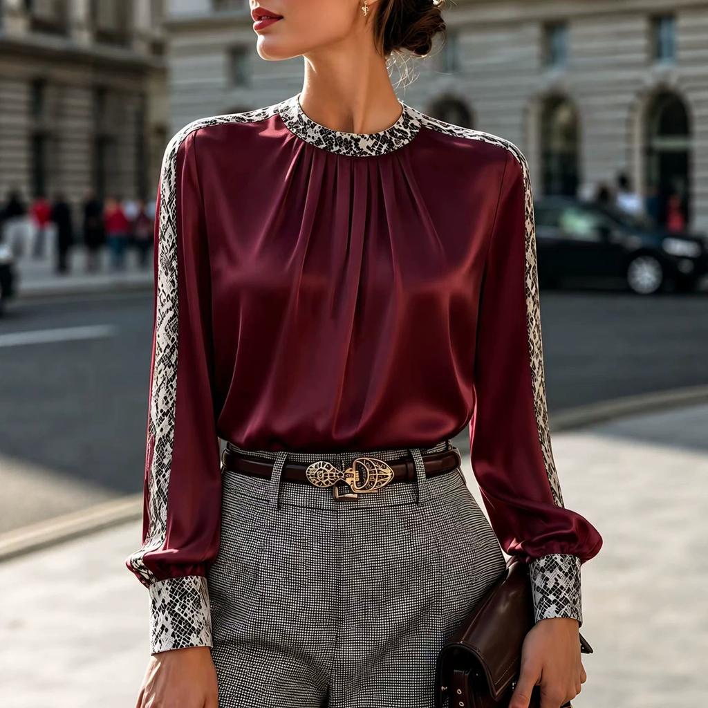 Satin-blend, Snake-print, Round-neck, Pleated, Loose-fit, Long-sleeved, Versatile Women’s Shirt