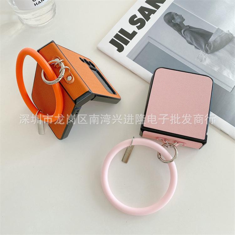 Applicable To Samsung ZFlip3 Mobile Phone Case Solid Color Twill Hand Hanging Ring Zflip4 Japanese and Korean Back Cover Integrated Hard Prot