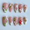 24PCS Vintage Green Plaid Almond Press On Nails Cute Fruit Bow Sweet Strawberry French Fake Nails for Women Girls Ins Nails Tips