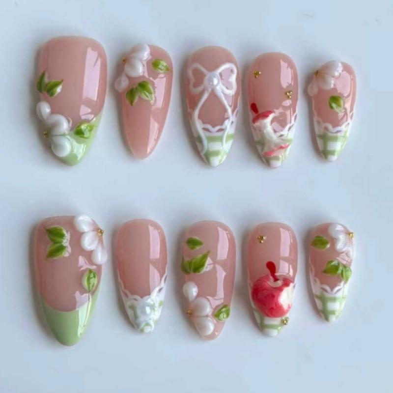 24PCS Vintage Green Plaid Almond Press On Nails Cute Fruit Bow Sweet Strawberry French Fake Nails for Women Girls Ins Nails Tips