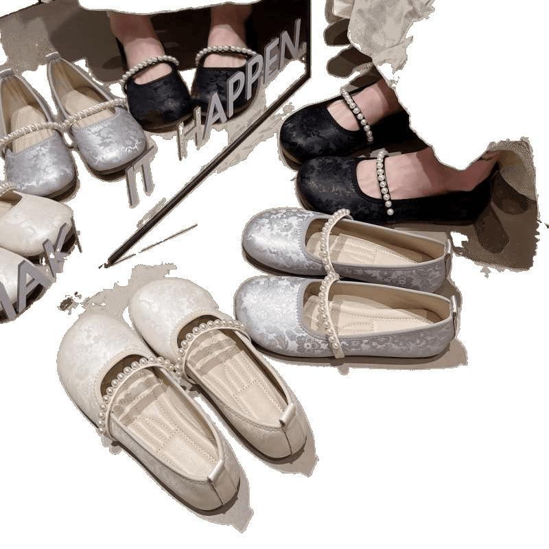 Flat Bottom Shallow Mouth Pearl Word with Mary Jane Shoes Women's New Chinese Embroidery Soft Sole Single Shoes Large Size Women's Shoes 41-43