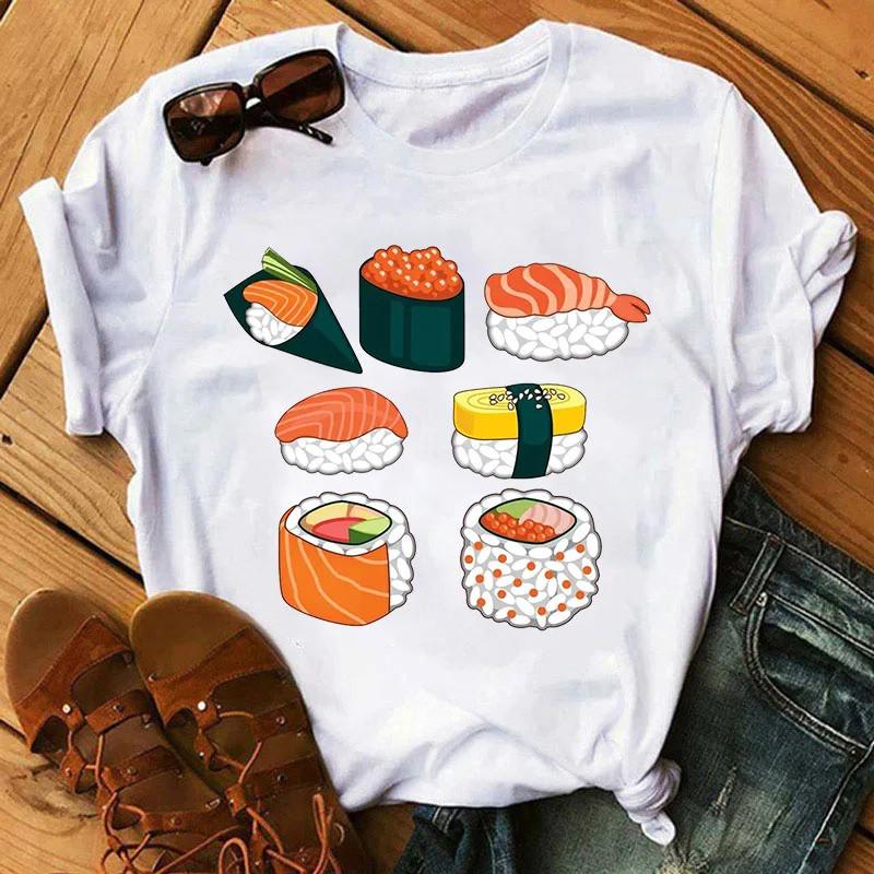 Cute Sushi hug Women T-shirts Summer black Short Sleeve T shirt girl femme O-Nock Kawaii Clothing Top tee Ladies Harajuku Tshirt