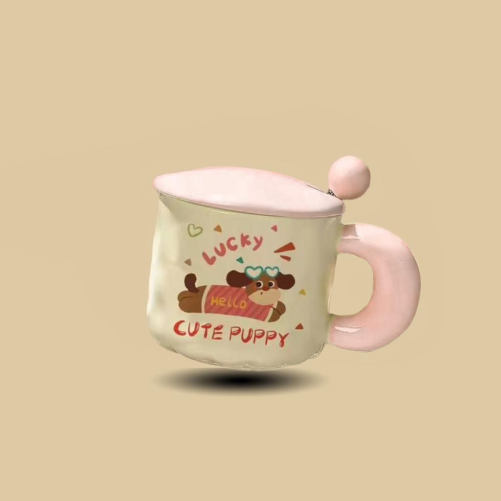 Cute Cartoon Puppy Ceramic Cup High Looking Mug Cup with Lid Spoon Water Cup Birthday Gift for Girls and Children