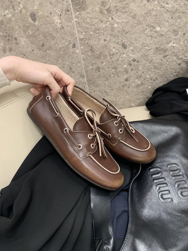 

Spot cowhide version~ Grape mother British style old dirty loafers women s lace-up flat bottom one pedal small leather shoes 40