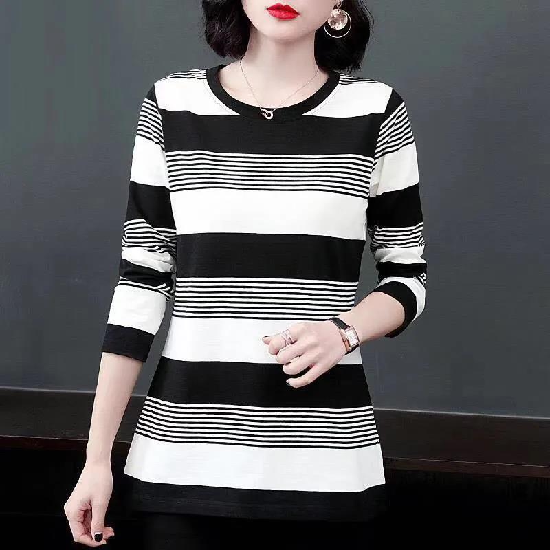 Mom Spring and Autumn Long Sleeve T-Shirt Loose Striped Top Short Casual Bottoming Shirt