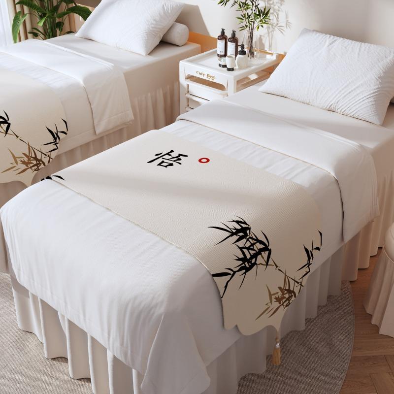 Beauty Salon Chinese Bed Flag Dust Proof Bed Cover Massage Foot Massage Bed End Towel Zen Inspired Decorative Long Bed Blanket Tassel Linen Fabric