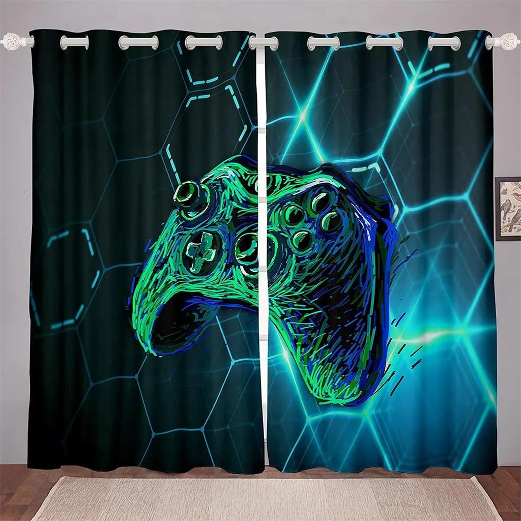 Jungen Gamepad Schlafzimmer Vorhänge Green Tech 2 Panel Männer Exklusive Schlafzimmer Wohnzimmer Balkon Fenster Dekor 50W130H(CM)X2PCS&Hook
