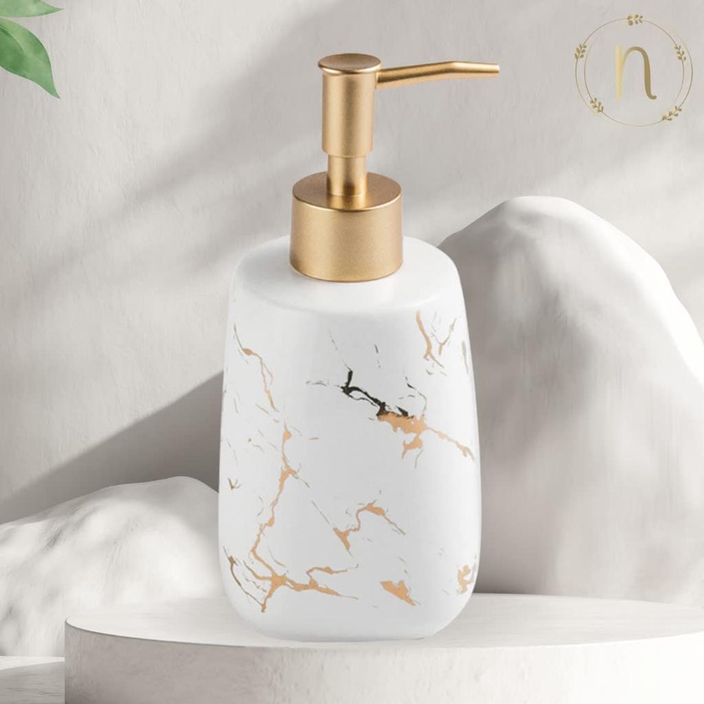 350ml Ceramic Liquid Soap Dispenser with Pump | Marble Finish Durable Handwash Dispenser for Bathroom & Kitchen