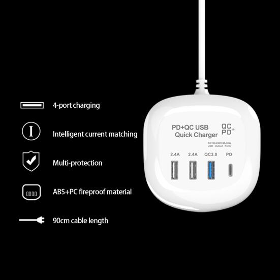 

Рядная USB-розетка с множественной защитой, интеллектуальное согласование тока QC3.0 PD, 20 Вт, настольная зарядная станция для телефона, планшета с 4 портами, бытовые принадлежности