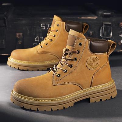 Bottes en cuir jaunes pour hommes style Ins - Montantes, avec velours, automne/hiver, bottes Martin pour couples