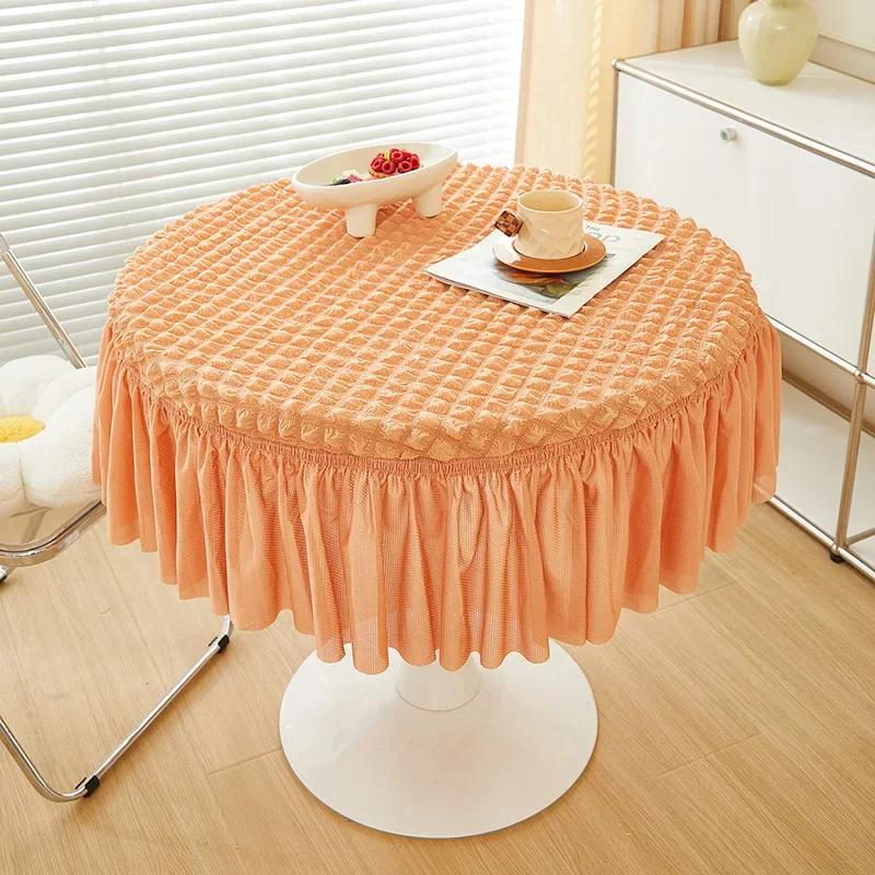 Round Bubble Gauze Tablecloth Seersucker Solid Color Elastic Table Skirt Modern Simple Style Home Decoration Dining Table Cover