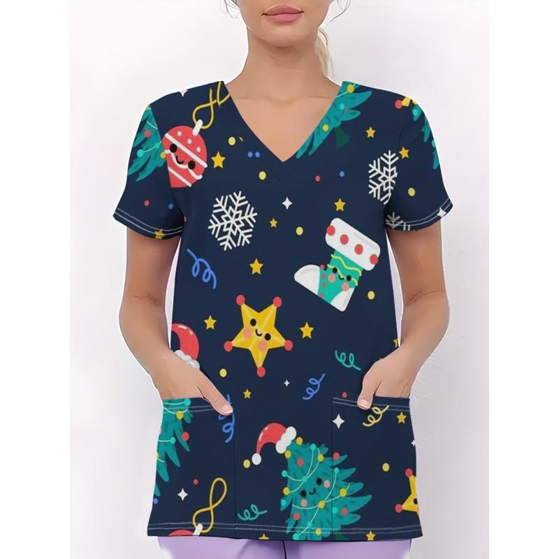 Womens V-Neck Short Sleeve Nursing Scrub Top With 3D Cartoon Print Comfortable Workwear Casual Medical Uniform