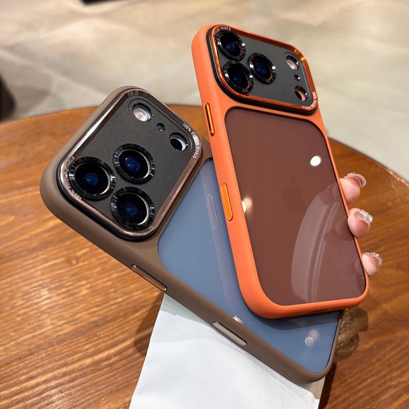 Luxury Orange Transparent Phone Case For iPhone 17 16 Pro Max 17 Pro 16 Metal Lens Shockproof Hard Acrylic Bumper Clear Cover
