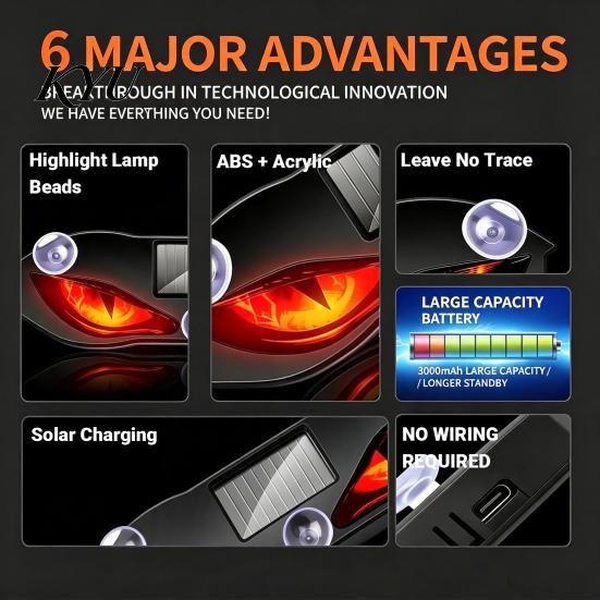 High Temperature Resistant Car Lamp Solar Demon Eye Window Light, Wireless LED Atmosphere Automotive Safety Warning System with Suction Cup