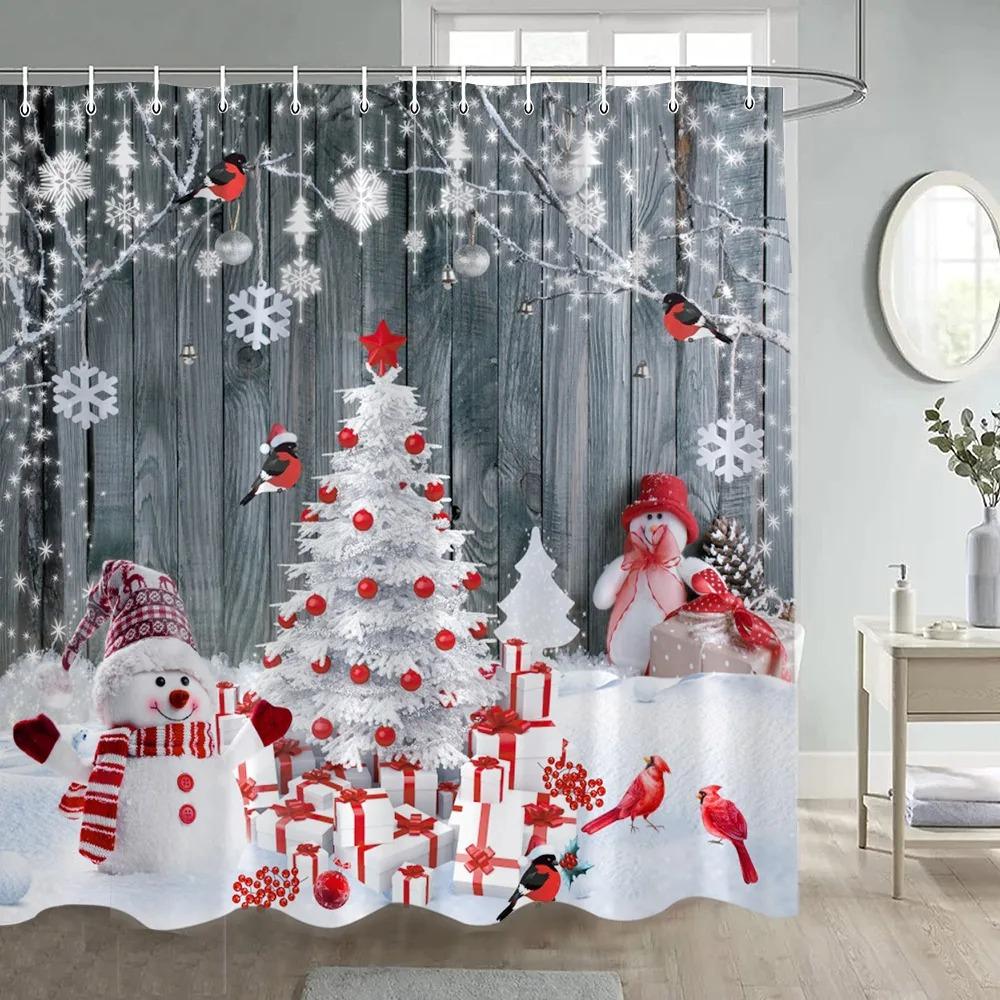 Winter Christmas Shower Curtain Funny Snowman Xmas Trees Fireplace Truck Forest Snowy Scene New Year Holiday Home Bathroom Decor