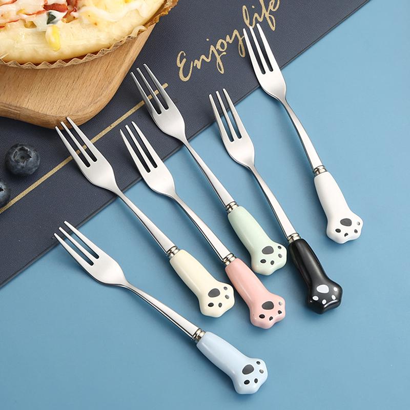 Cute Cartoon Cat Paw Fruit Fork Food Grade Stainless Steel Edges Mirror Polished Portable Tableware Fork For Adults Kids School