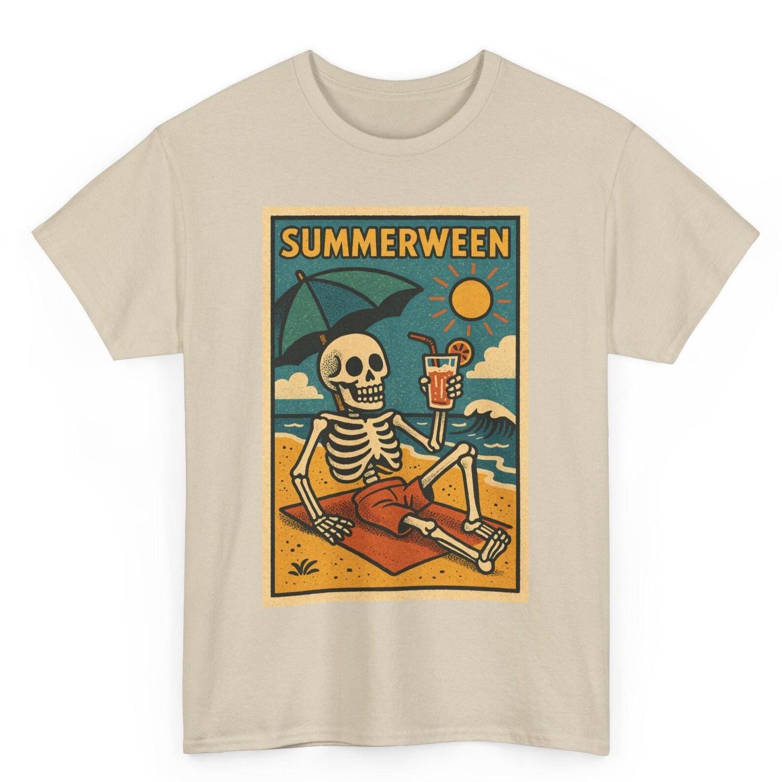 Summerween Skeleton T-Shirt: Retro Comic Spooky Beach Tee 4XL
