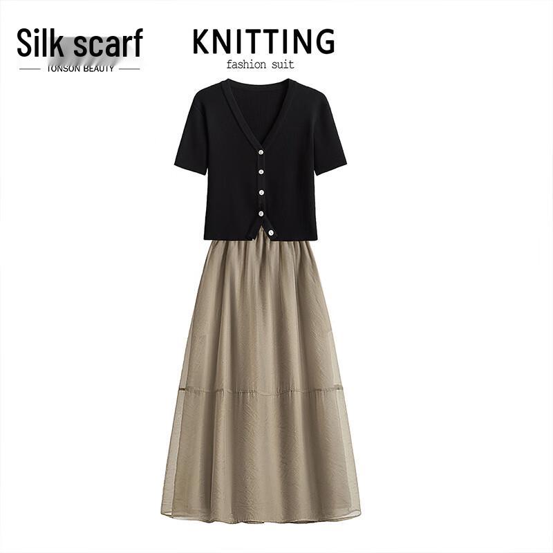 Elegant Women s Knit Top & Mesh Skirt Set L