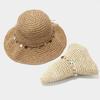 Women Hat Wide Brim Adjustable Strap Hollow Crochet Straw Hat Breathable Foldable Summer Outdoor Sun Hat