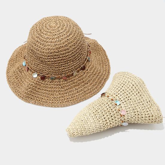 Women Hat Wide Brim Adjustable Strap Hollow Crochet Straw Hat Breathable Foldable Summer Outdoor Sun Hat
